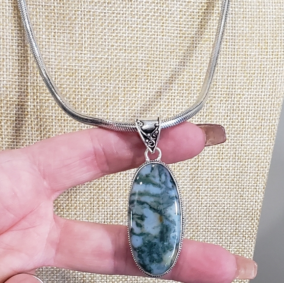 Natural Moss Agate Gem 925 Silver Handmade Thick Heavy Long Pendant Necklace - Picture 11 of 16